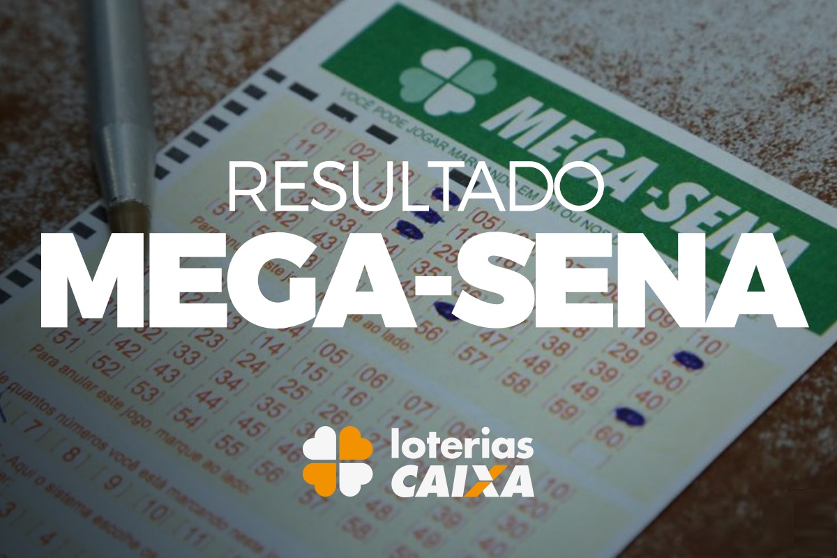 Bilhetes de Mega-Sena exibidos em leque com destaque para o resultado do sorteio e marca da Loterias Caixa.